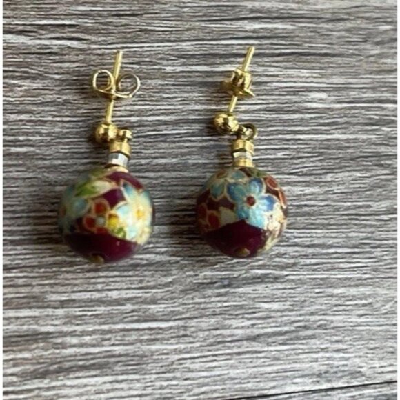 Vintage Cloisonne Earrings Carnelian Earrings Enamel Red White Round Dangle 1” - Picture 10 of 12